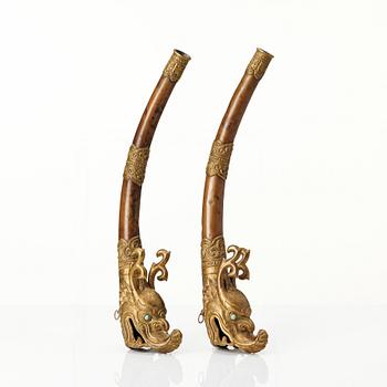 A pair of  Buddhist Ritual Tibetan ceremonial dragon horns/trumpets, 19th century.