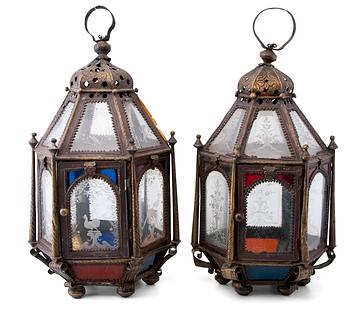 39. A SET OF TWO 18TH CENTURY HALL LANTERNS.