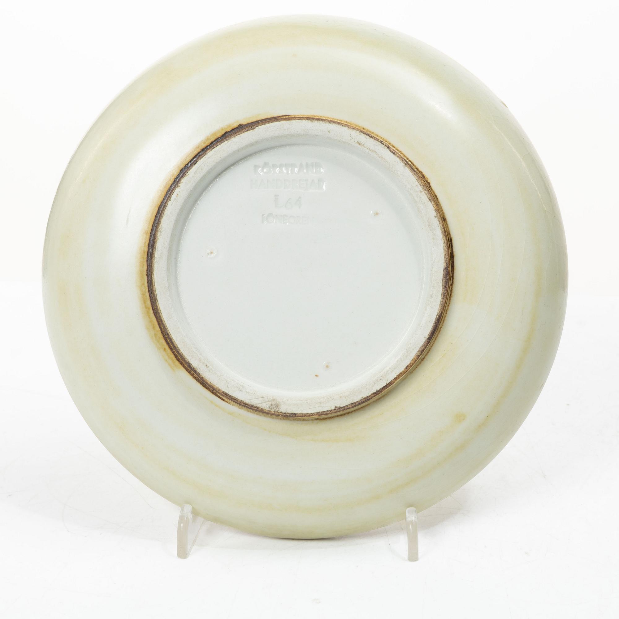 Gertrud Lönegren, Two 'Miranda' stoneware vases and a dish, Rörstrand, 1936-1941.