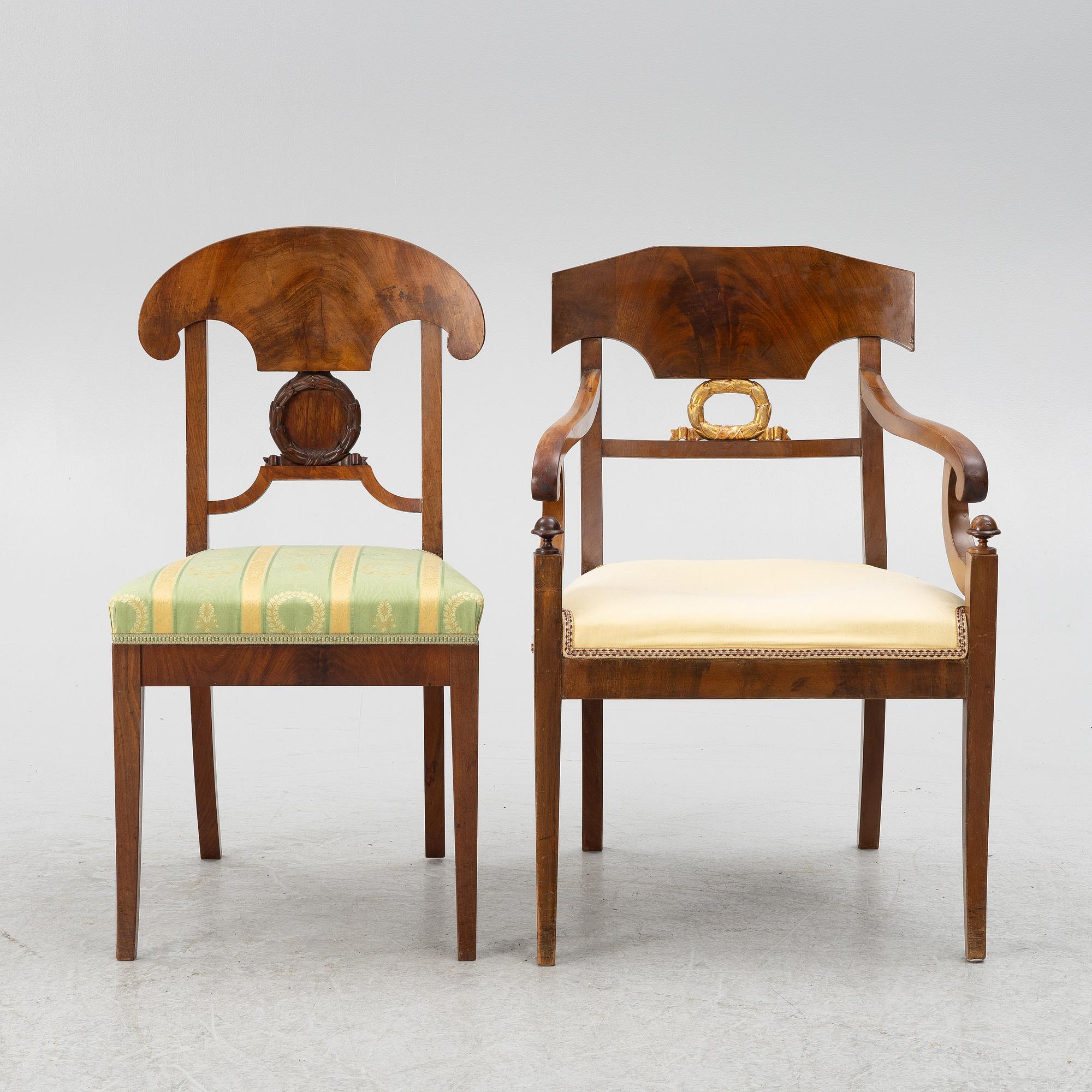 Sofa, 2 armchairs, 2 chairs, drop-leaf table Karl Johan, different models, 19th century.
