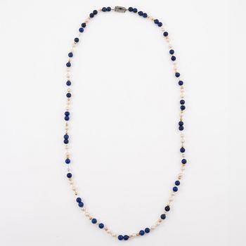 Necklace of lapis lazuli and cultured pearls with rondelles.