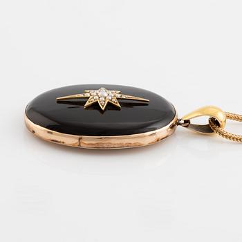 Black stone and seed pearls locket, with chain.
