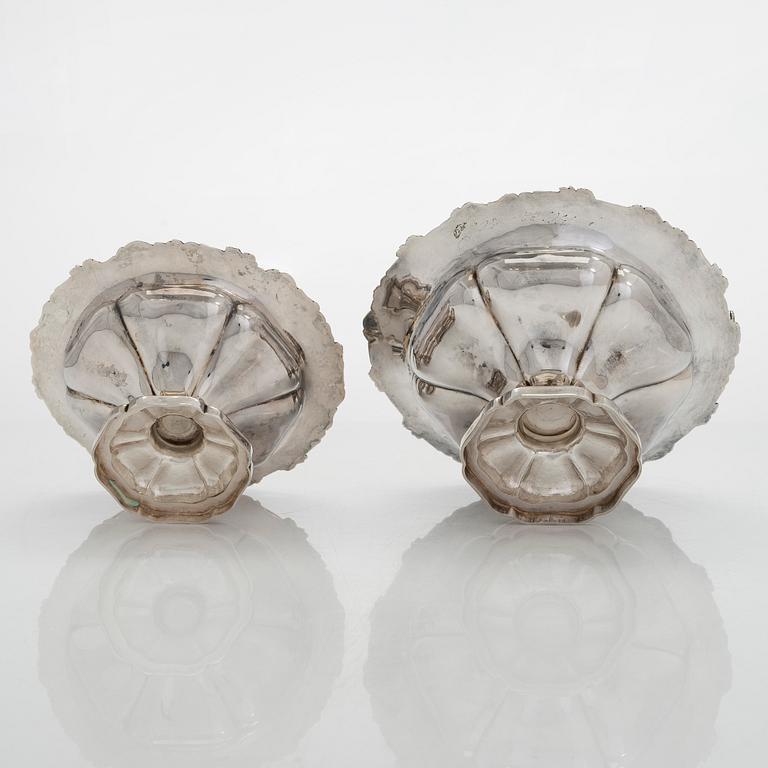 A set of two 1920s-1930s silver sweetmeat basket with sugar tong and jam spoon, Uusi Kultaseppä Oy, Helsinki, Finland.