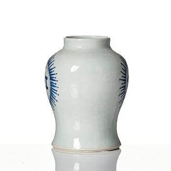 A small blue and white jar with the monogram IHS mirrored, Qing dynasty, 19th Century.