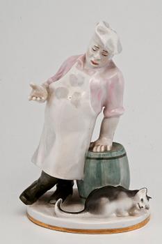 FIGURIN, porslin, "Kocken och Katten", Lomonosovs porslinsfabrik, Ryssland, 1900-tal.