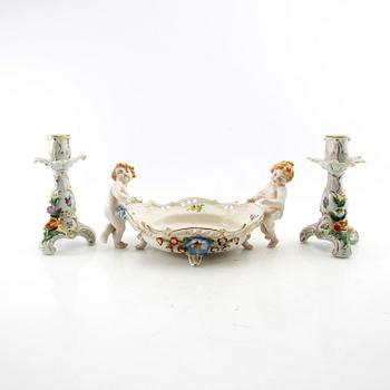 Bowl and candlesticks, a pair, Rococo style, Germany, first half of the 20th century, porcelain.