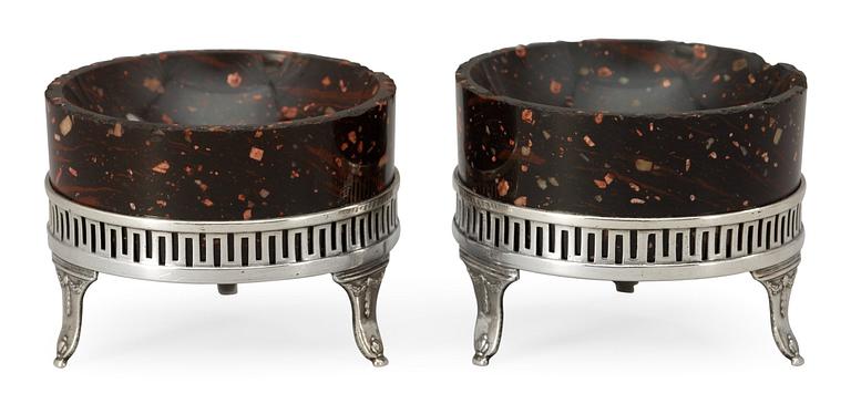 A pair of late Gustavian porphyry and silver salts by Gustaf Hamnqvist.