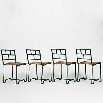 Carl Hörvik, a set of four iron framed garden chairs, ca 1927-1929, probably by Grythyttan Sweden for Lindgården, Stockholm.