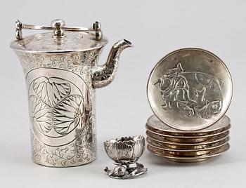 PARTI SILVER, 6 delar, silver, Kina 1900-tal. Tot vikt ca 885 g.