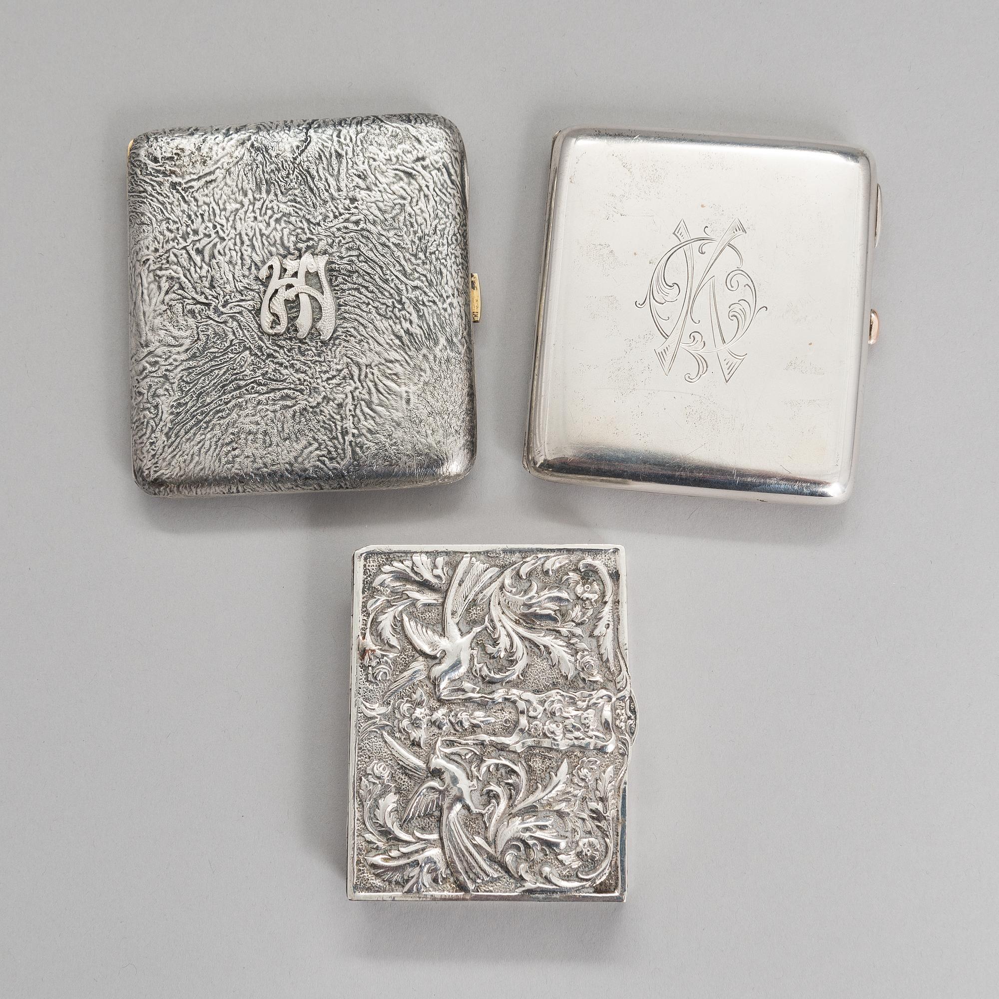 SAVUKERASIOITA, 2 kpl, ja RASIA, hopeaa, Suomi ja Espanja, 1900-luku.