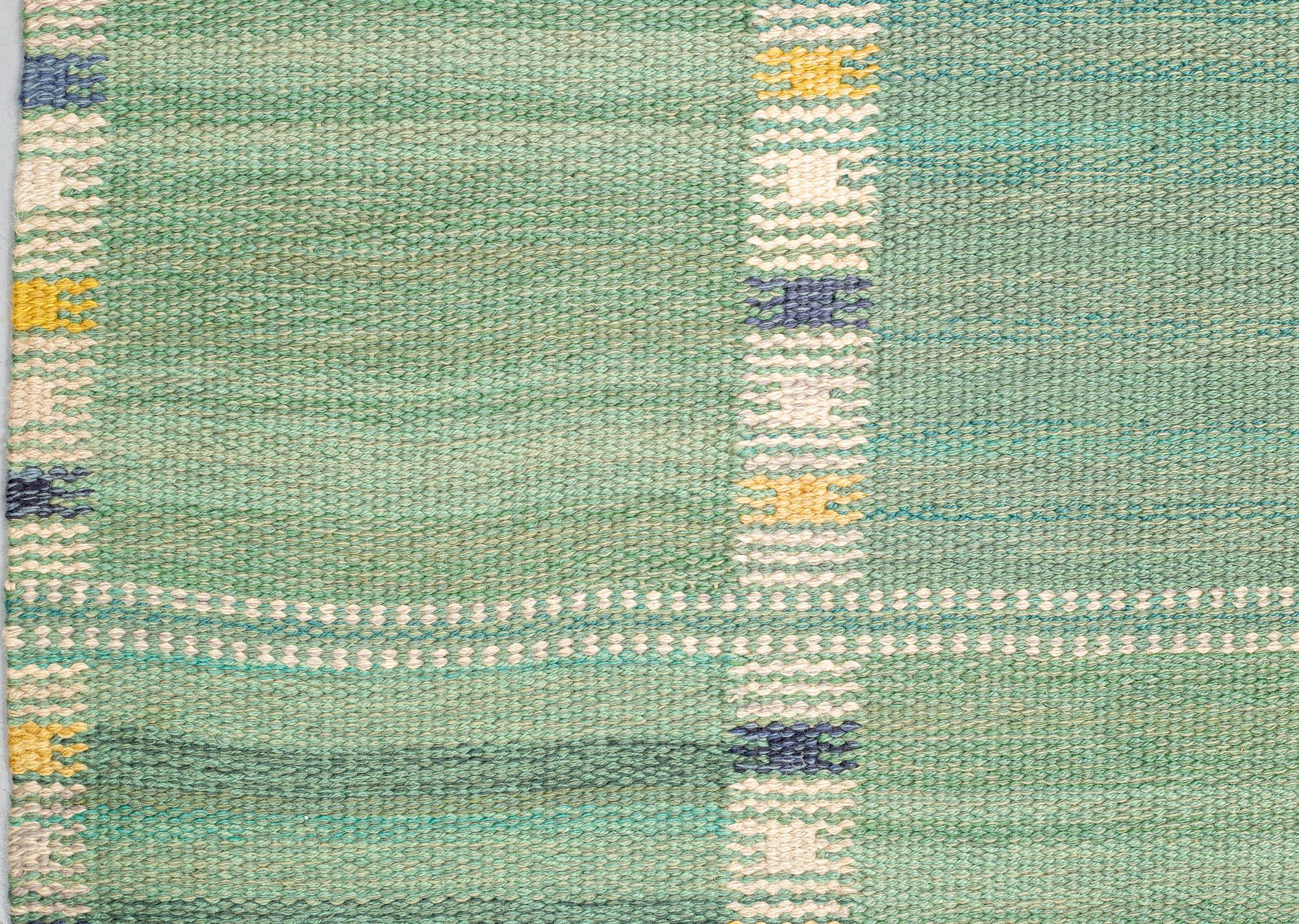 Barbro Nilsson, a carpet, "Falurutan grön, Alice", flat weave, ca 218 x 146,5-150,5 cm, signed AB MMF BN.