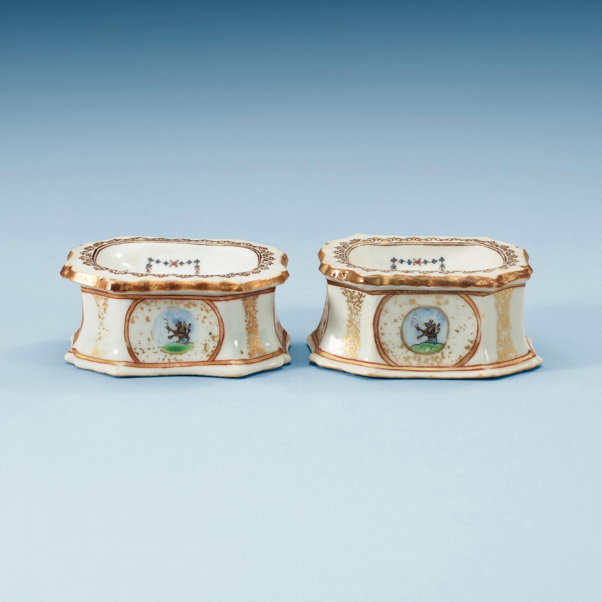 A pair of famille rose armorial salts, Qing dynasty, Qianlong (1736-95).