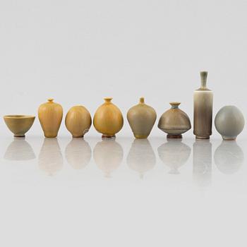 Berndt Friberg, a group of seven miniature stoneware vases and a bowl, Gustavsbergs Studio, 1957-70.