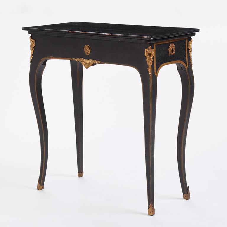 A japanned and gilt-brass mounted table attributed to L- Nordin, Stockholm, later part of the 18th century.