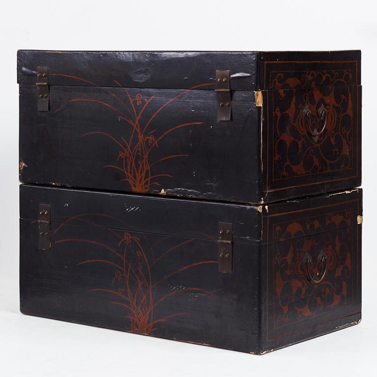 Two Chinese lacquered chests, Qing dynasty, 19th Century.