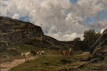 Berndt Lindholm, Peasant woman with cows in mountain landscape.