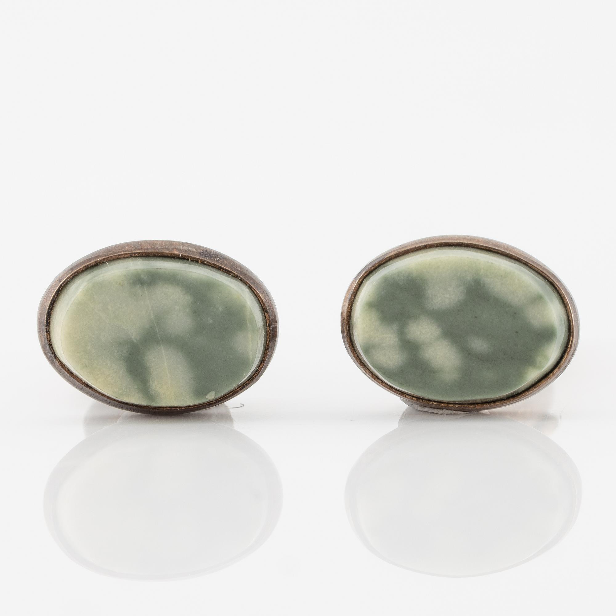 Cufflinks, a pair, silver with serpentine, Russia, Soviet.