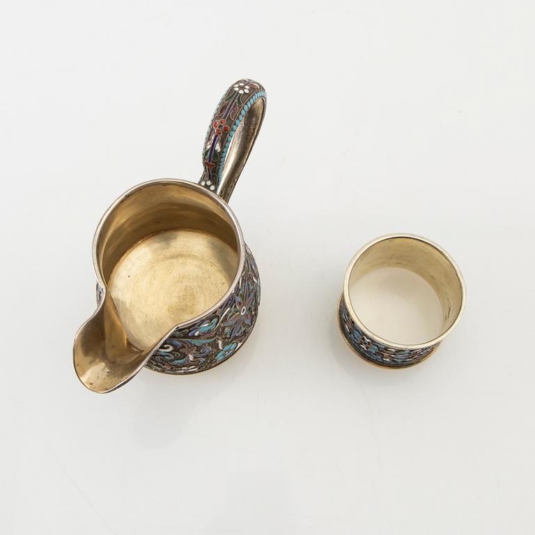 Cream jug and napkin ring Russia silver and enamel 1908-26.