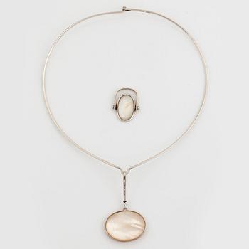 Vivianna Torun Bülow-Hübe, a sterling and mother of pearl necklace and ring, probably 1980's.