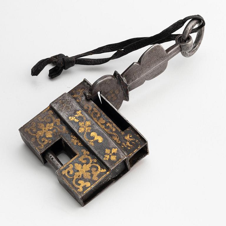 A large iron, silver and gold lock, Tibet, 17th/18th century.