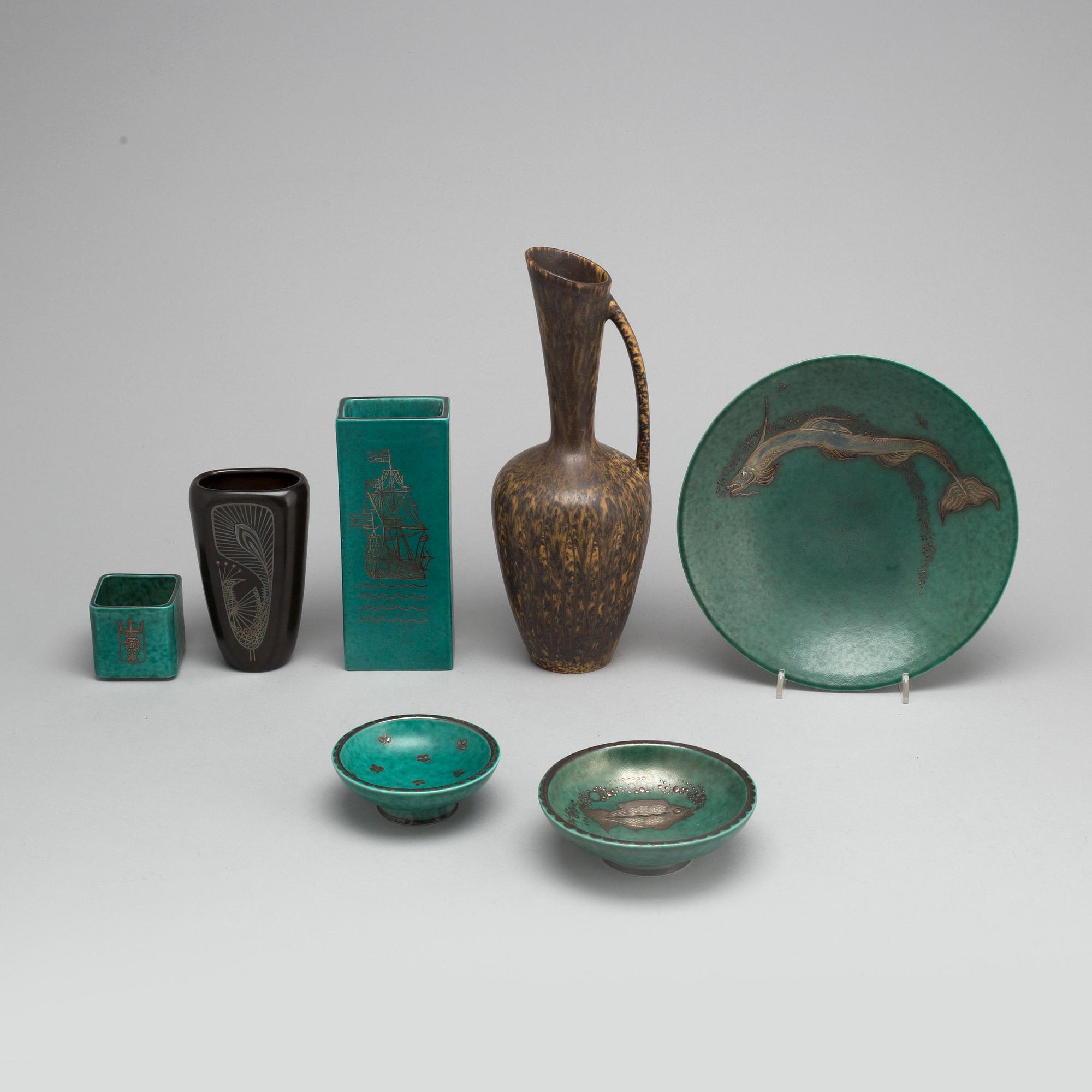 five 'Argenta' stoneware vases from Gustavsberg, one Gunnar Nylund vas and a vase.