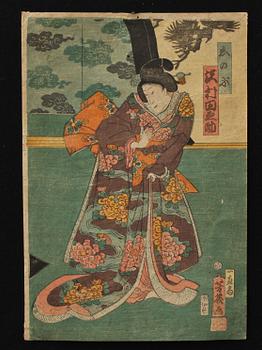 TRÄSNITT, 3 st, Japan. Kuniyoshi, Kunichika samt Hokusai. 1800-tal.