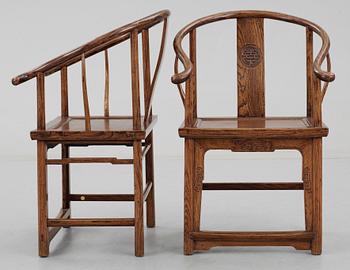 A pair of hardwood horseshoeback armchairs, Qing dynasty.