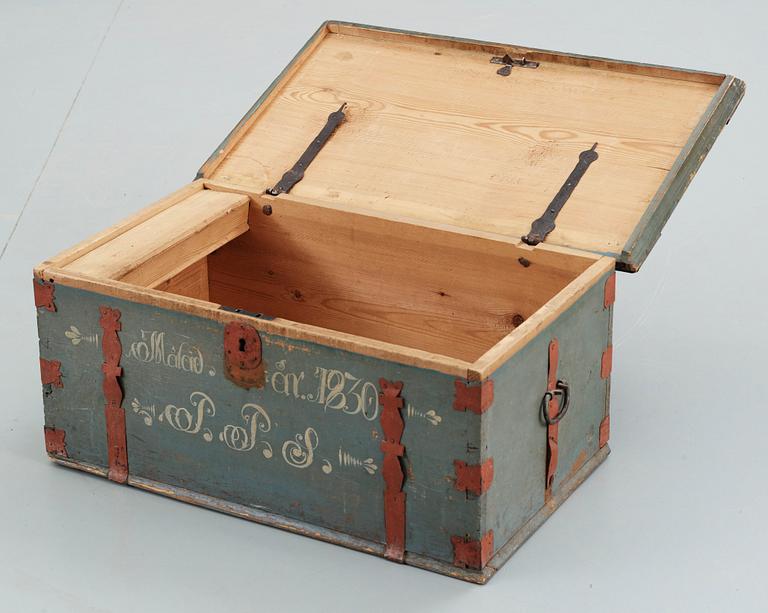 A Swedish wooden chest, marked 1830.