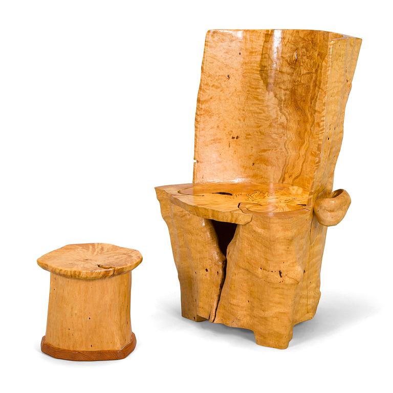 Mauri Haapiainen, a late 20th century masur birch chair and stool.