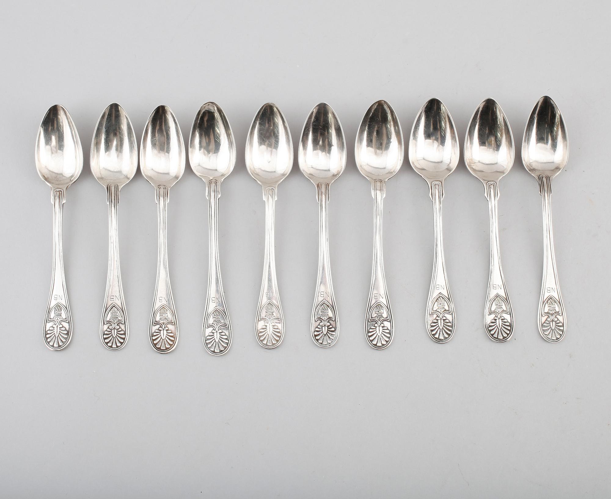 DESSERTSKEDAR, 10 st, svenska stämplar, 1830-/40-tal. Vikt ca 214 gram.