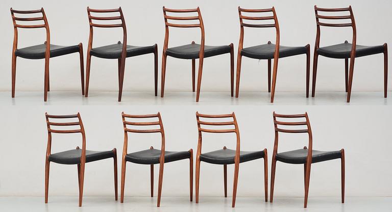 A Niels Ole Møller palisander dining table and nine chairs, J.L. Møller, Denmark 1950's-60's.