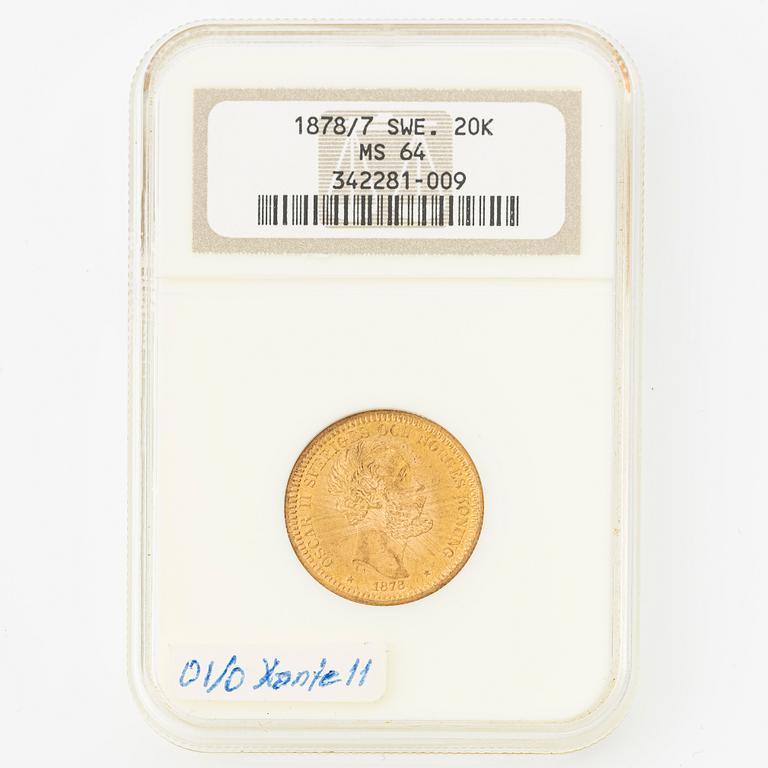 Guldmynt, Oscar II, 20Kr, Typ III, Sverige 1878.