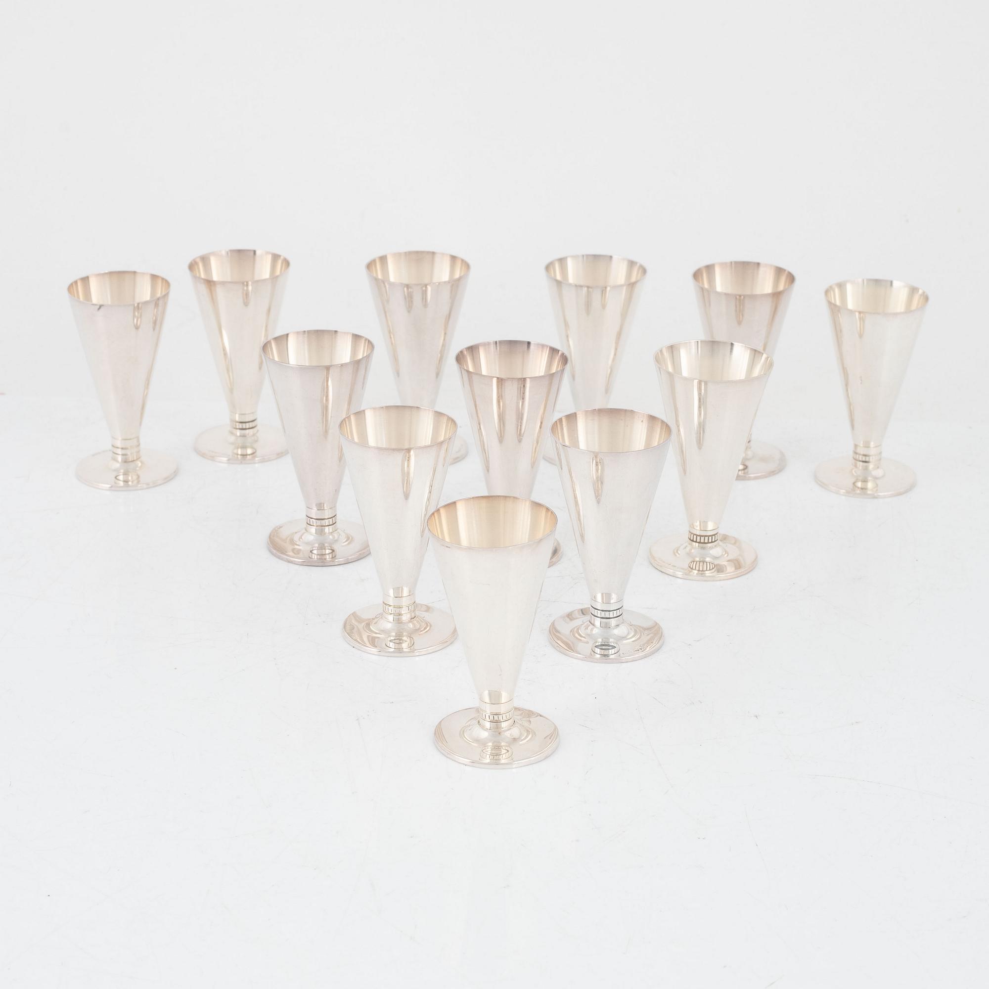 Tore Eldh, snapsglas, 12 st, silver, K&EC, Göteborg, 1949-1958.