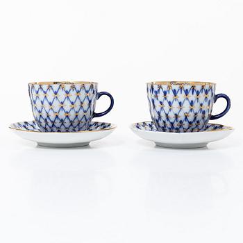 Tweleve coffee cups and saucers, 'Cobalt Net', Lomonosov.