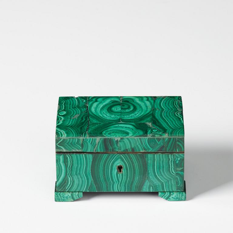 A Russian malachite-veneered box from Yekaterineburg Imperial Lapidary, circa 1900.