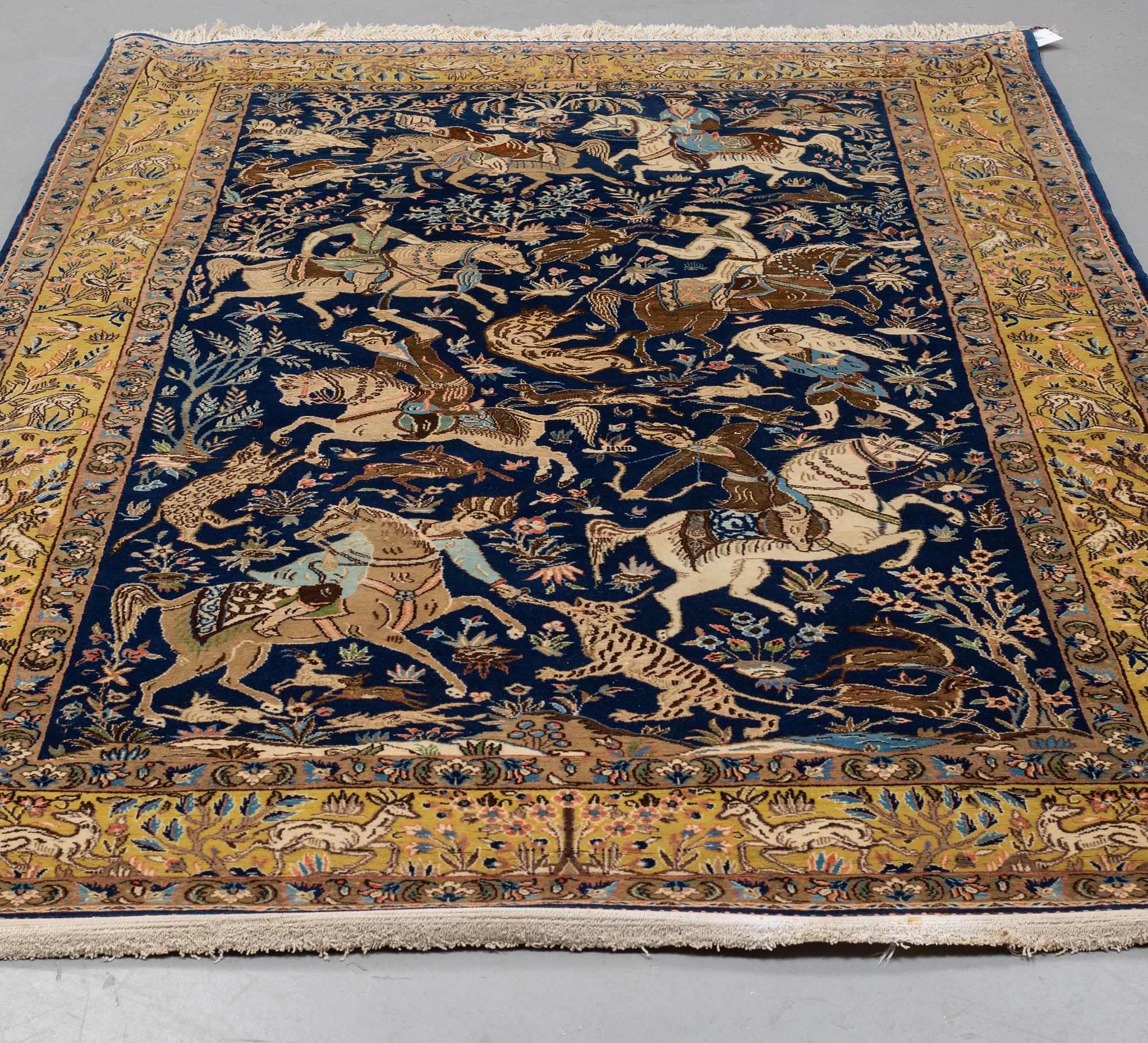 MATTO, an old Qum part silk figural, ca 278-283,5 x 168,5-171,5 cm (as well as 1 and 2 cm flat weave at the ends).
