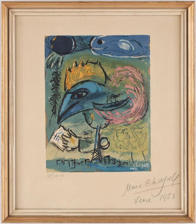 MARC CHAGALL, efter, färglitografi, av Charles Sorlier, sign. Bär numr 78/150-II.