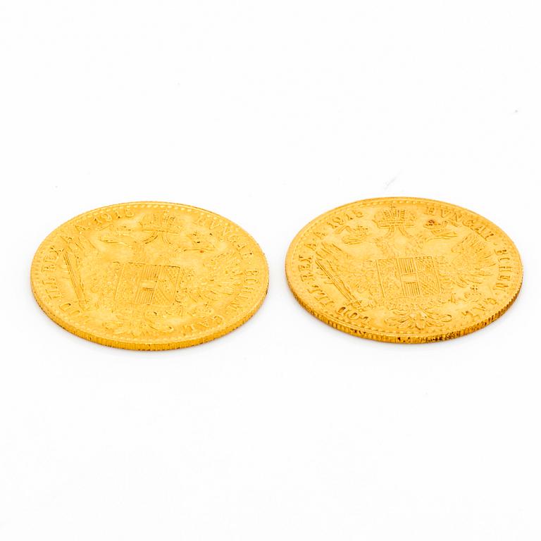 Two Austrian 1 ducat gold coins, Franz Joseph I, 1915.