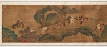 A long scroll painting after Zhao Yong (Zhao Zhongmu 1289-1369), ink and colour on paper and on silk, Qing dynasty.