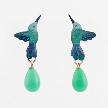 Silver and 18K gold and enamel bird and chrysoprase earrings, Mandelstam.