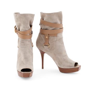 LOUIS VUITTON, a pair of grey seuede peep toe ankle booties.