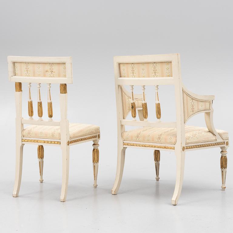 A pair of chairs and an armchair, late Gustavian style, early 20th century.