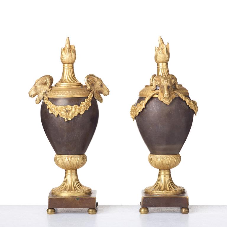 A pair of Louis XVI- style one-light cassolettes, circa 1900.