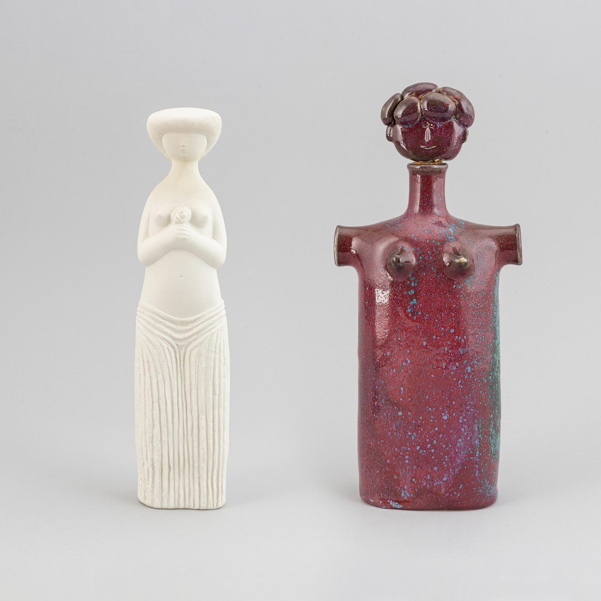 Stig Lindberg, a parian figurine and a stoneware flask with cover, Gustavsberg.