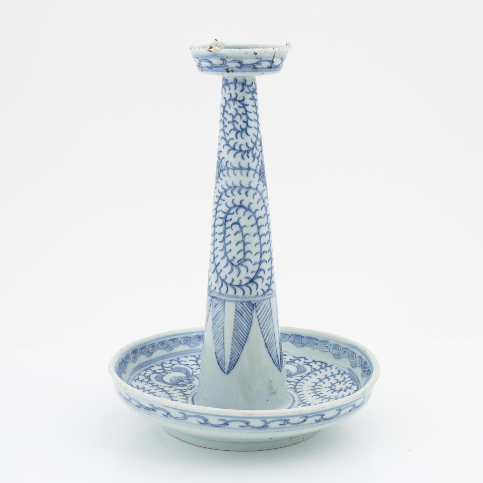 A blue and white Chinese candles stick/joss stick holder, circa 1900.