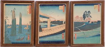 Ando Utagawa Hiroshige, Tre träsnitt. Ur serierna "One Hundred Famous Views of Edo" och "Pictures of Famous Places in the Sixty-odd Provinces".