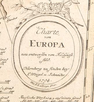 Franz Ludwig Güssefeld,  map of Europe, hand colored copper engraving, Nürnberg 1794.