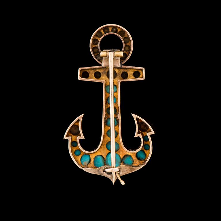 A BROOCH, pearls, cabochon cut turquoise, 14K (56) gold. St Petersburg, c. 1880.