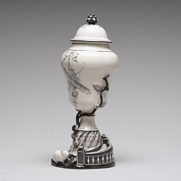 A grisaille Marieberg vase with cover, 18th Century.