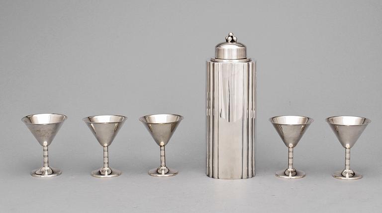 SHAKER samt GLAS, 6 st, nysilver, Tesi, 1900-talets andra kvartal.